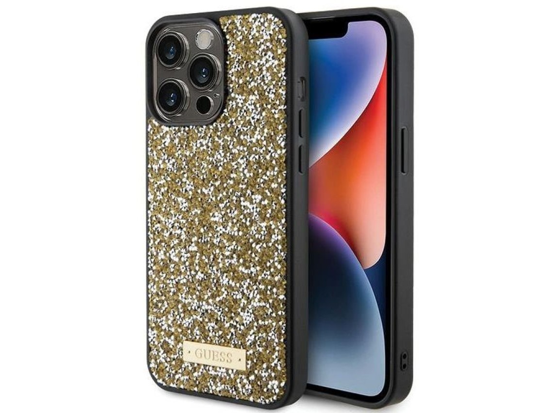 Capa Guess com logo metálico em strass para iPhone 15 Pro Max - amarela