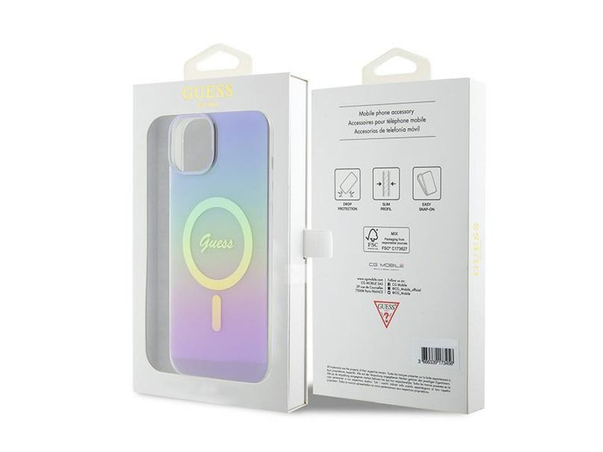 Funda Guess IML Iridescent MagSafe para iPhone 15 Plus - morado