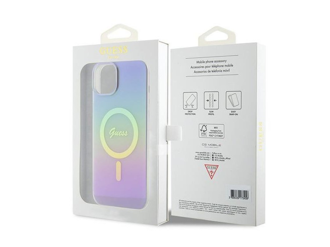 Funda Guess IML Iridescent MagSafe para iPhone 15 Plus - morado