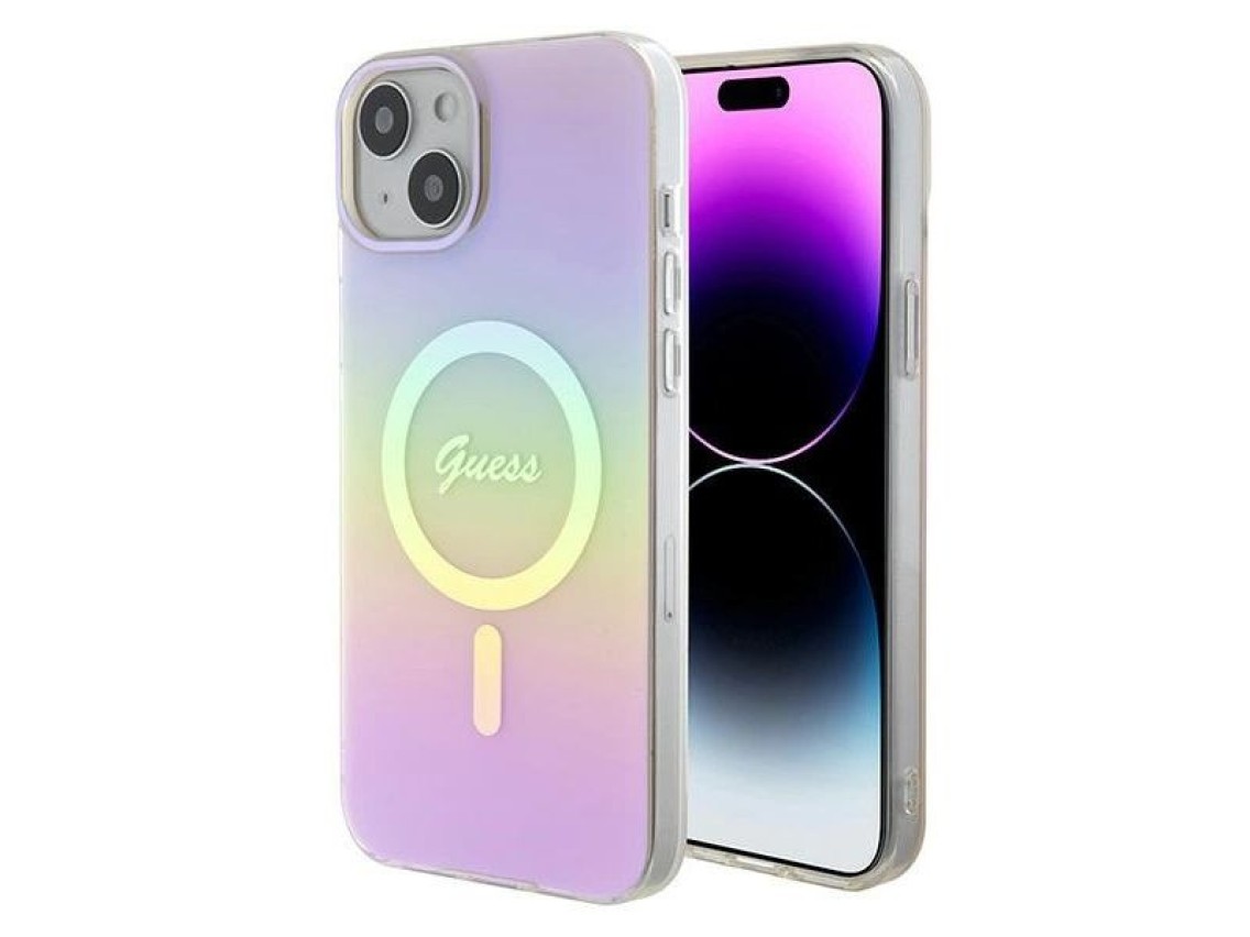 Capa rígida rosa/rosa Guess GUHMP15MHITSP para iPhone 15 Plus 6.7" com acabamento IML iridescente e