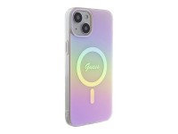 Capa rígida rosa/rosa Guess GUHMP15MHITSP para iPhone 15 Plus 6.7" com acabamento IML iridescente e Capa rígida rosa/rosa Guess GUHMP15MHITSP para iPhone 15 Plus 6.7" com acabamento IML iridescente e