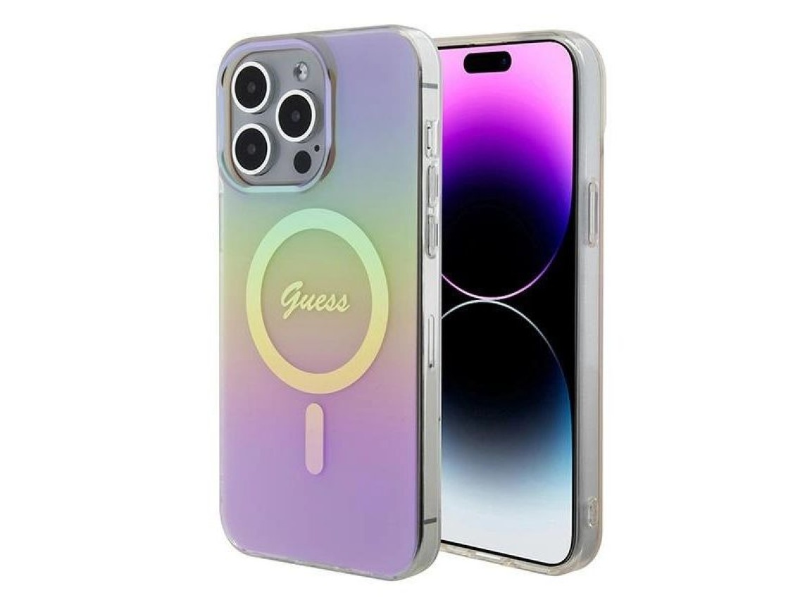 Capa rígida rosa/rosa Guess GUHMP15XHITSP para iPhone 15 Pro Max 6.7" com acabamento IML iridescente