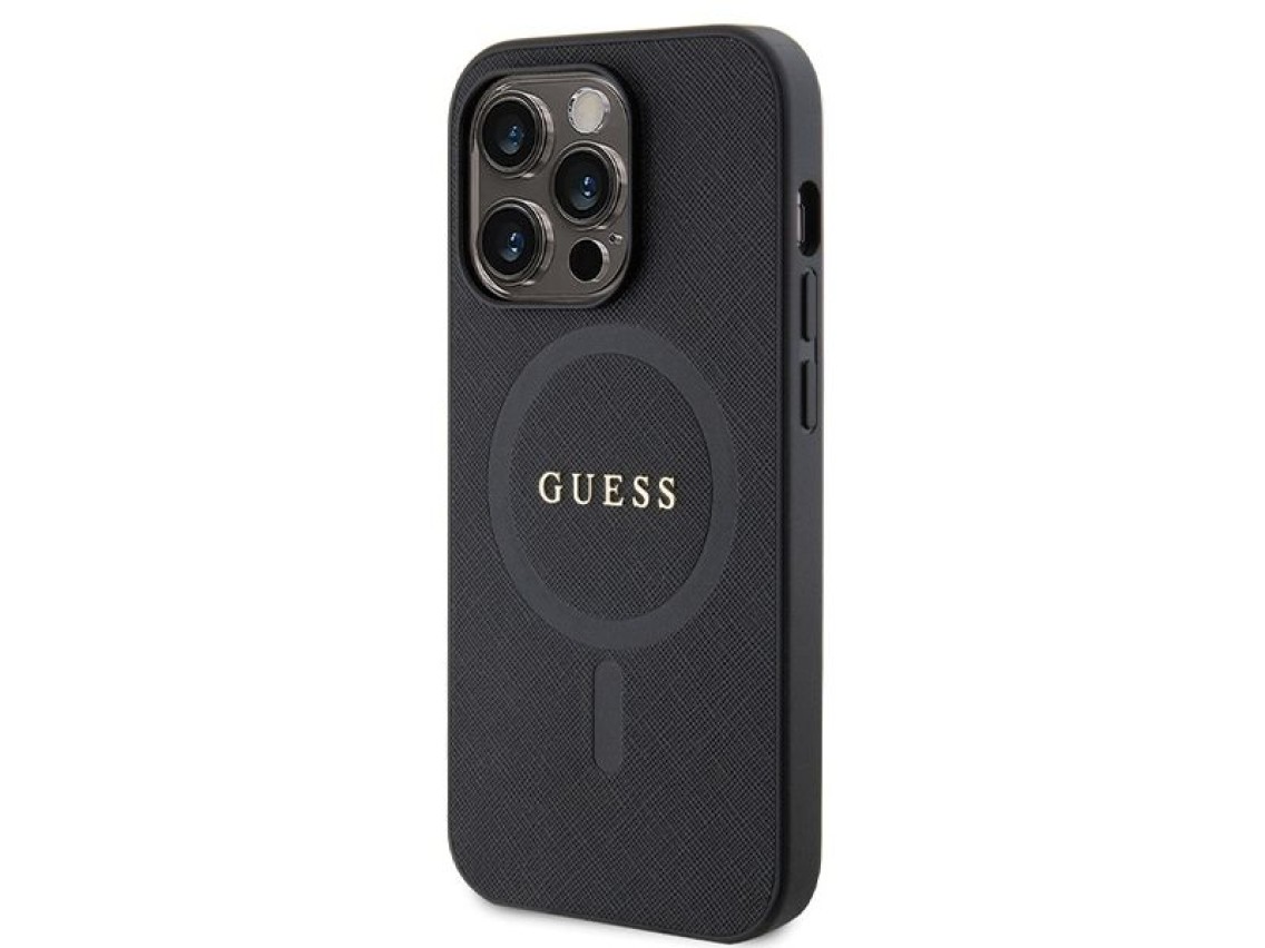 Capa Guess GUHMP14LPSAHMCK para iPhone 14 Pro - preta Saffiano MagSafe