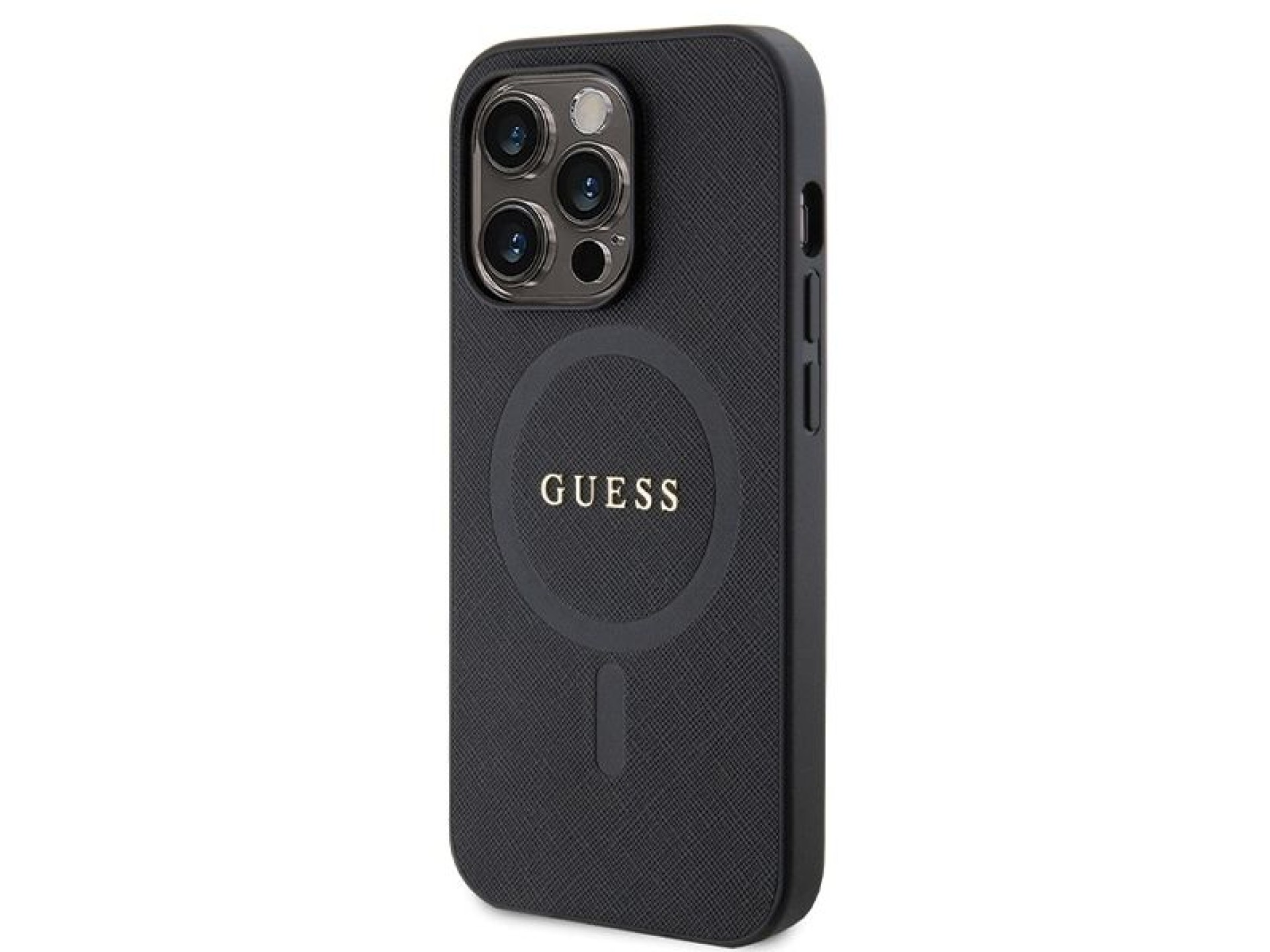 Capa Guess GUHMP14LPSAHMCK para iPhone 14 Pro - preta Saffiano MagSafe