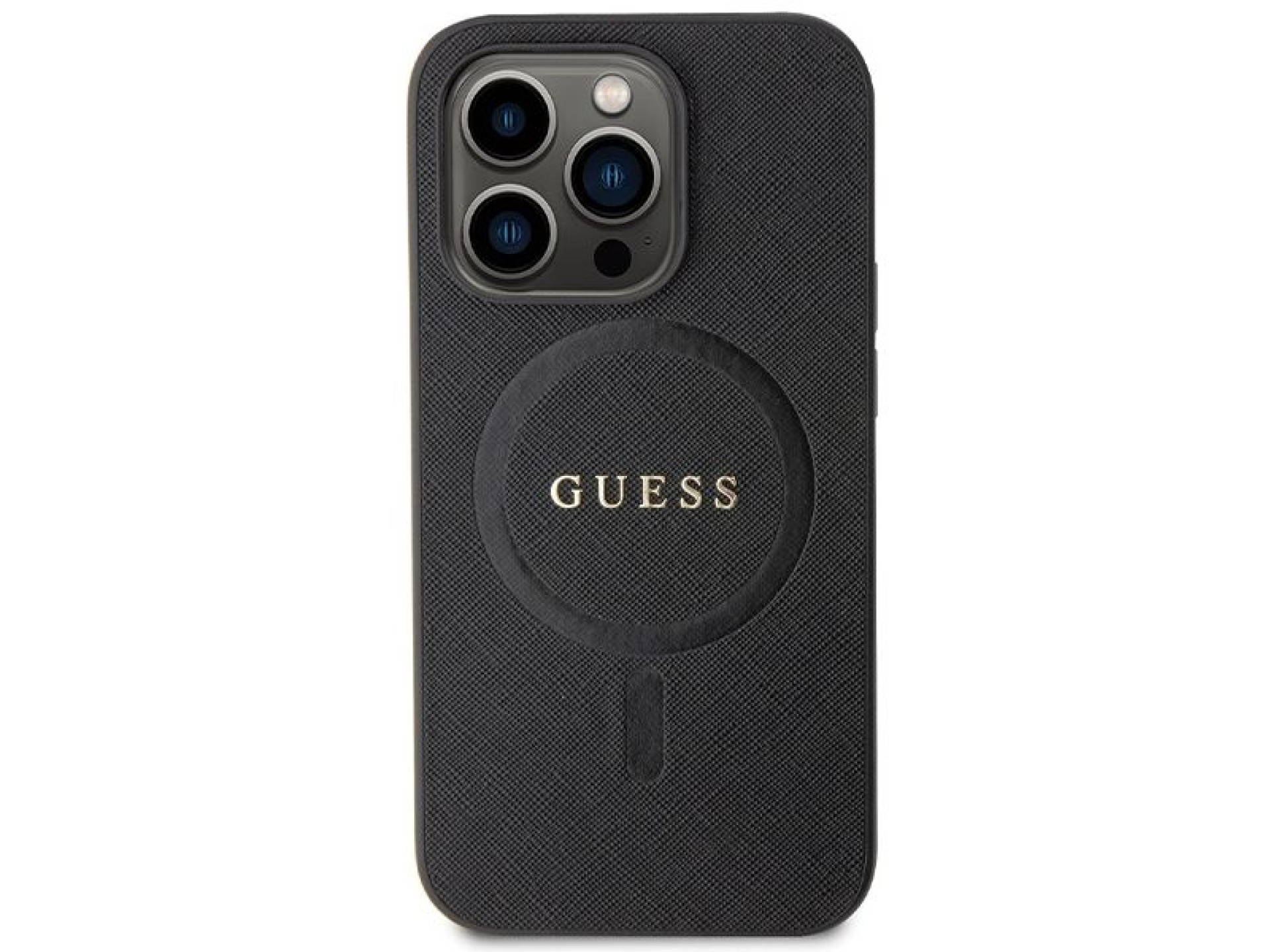 Capa Guess GUHMP14LPSAHMCK para iPhone 14 Pro - preta Saffiano MagSafe