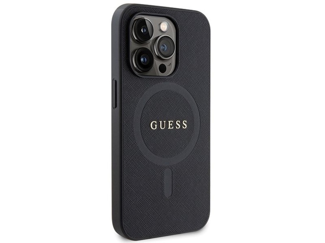 Capa Guess GUHMP14LPSAHMCK para iPhone 14 Pro - preta Saffiano MagSafe
