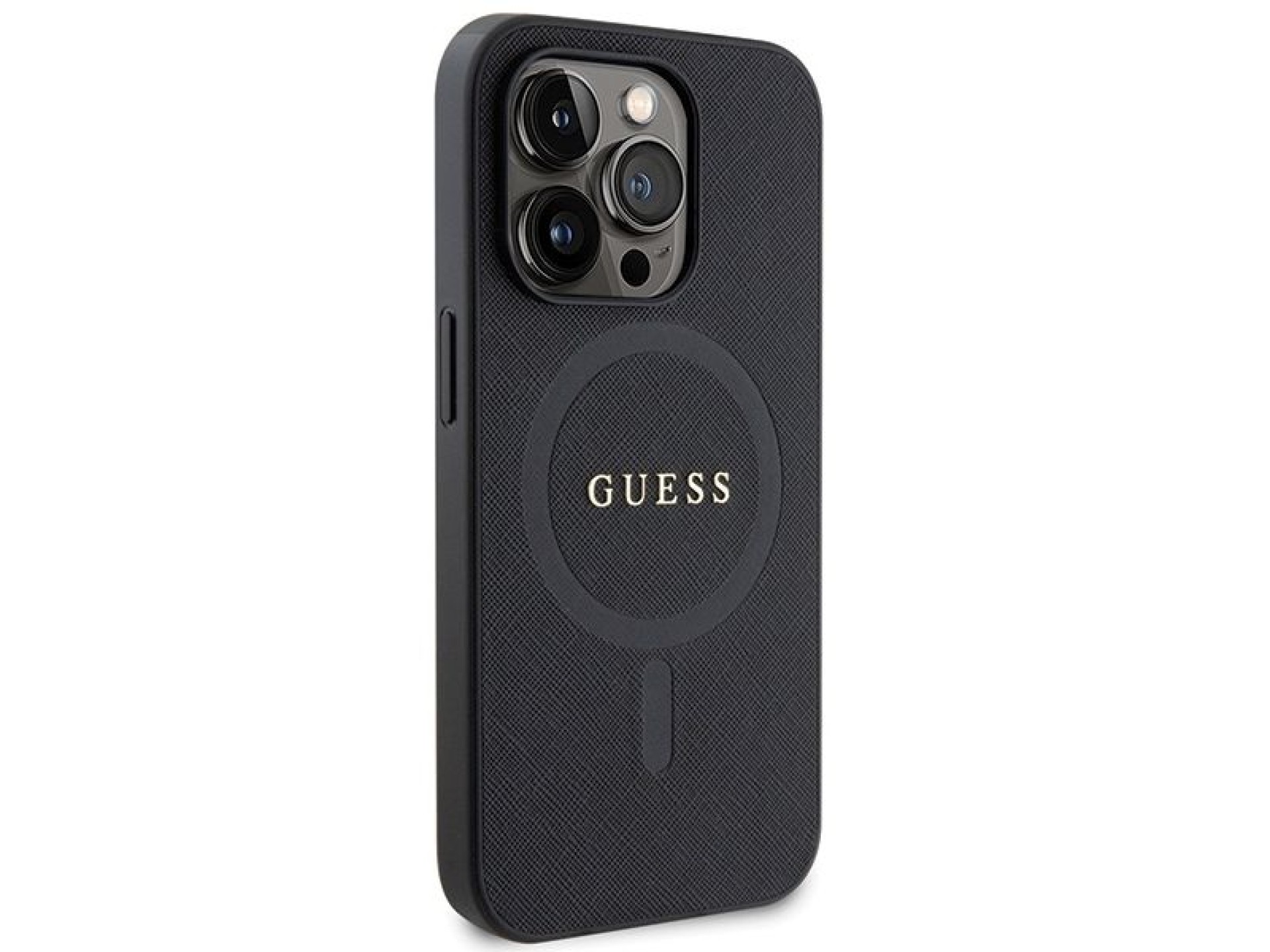 Capa Guess GUHMP14LPSAHMCK para iPhone 14 Pro - preta Saffiano MagSafe