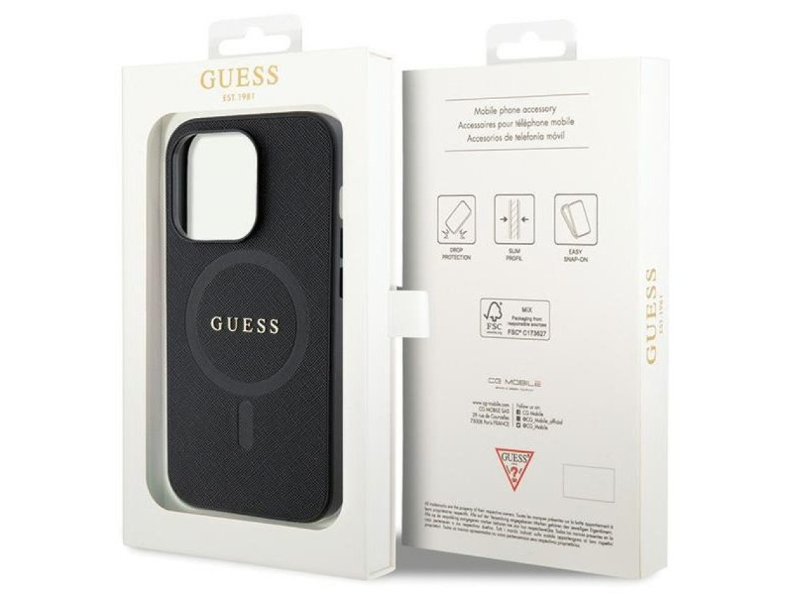 Capa Guess GUHMP14LPSAHMCK para iPhone 14 Pro - preta Saffiano MagSafe