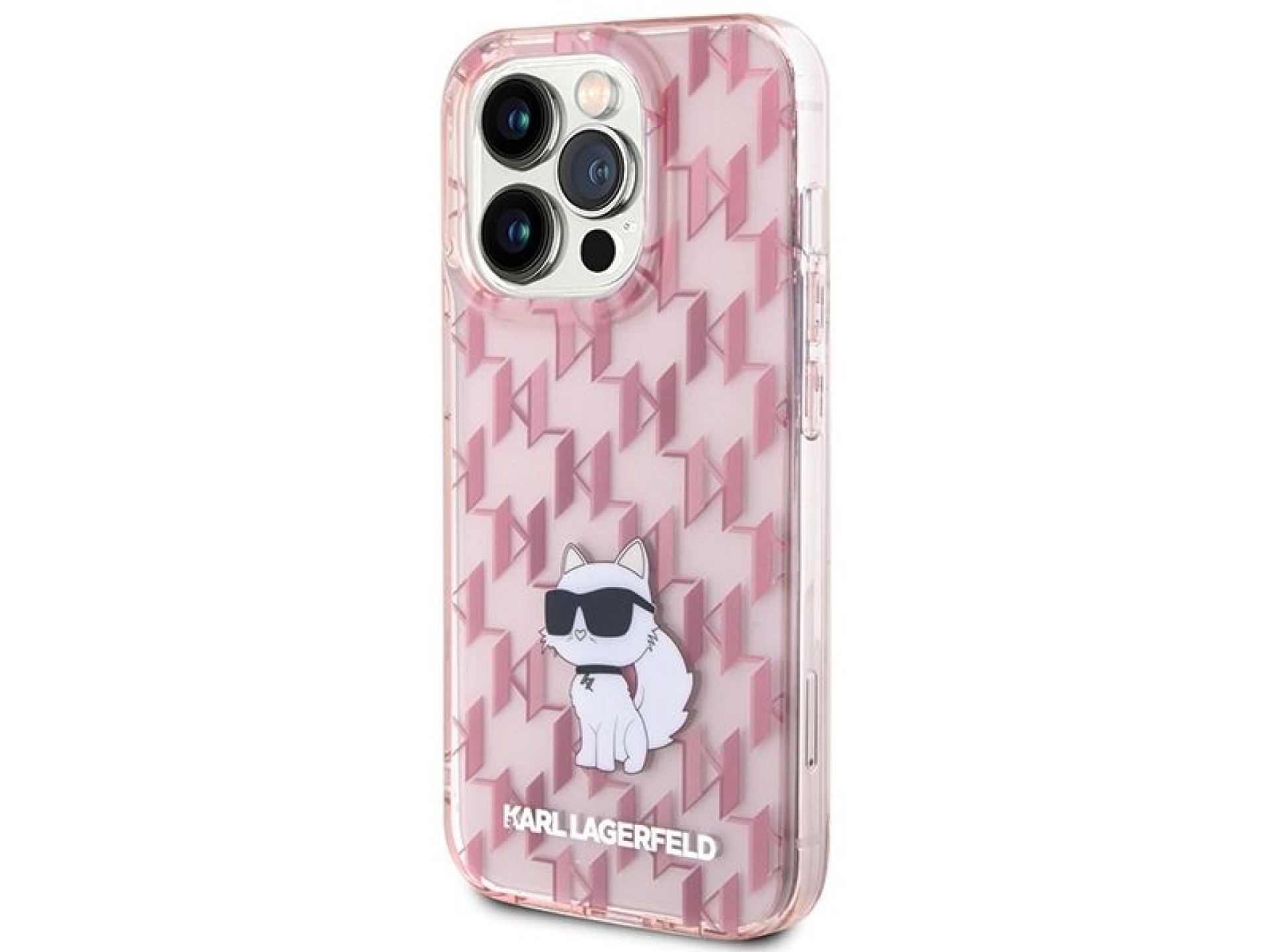 Funda para iPhone 15 Pro con monograma de Karl Lagerfeld (modelo Choupette) - Rosa