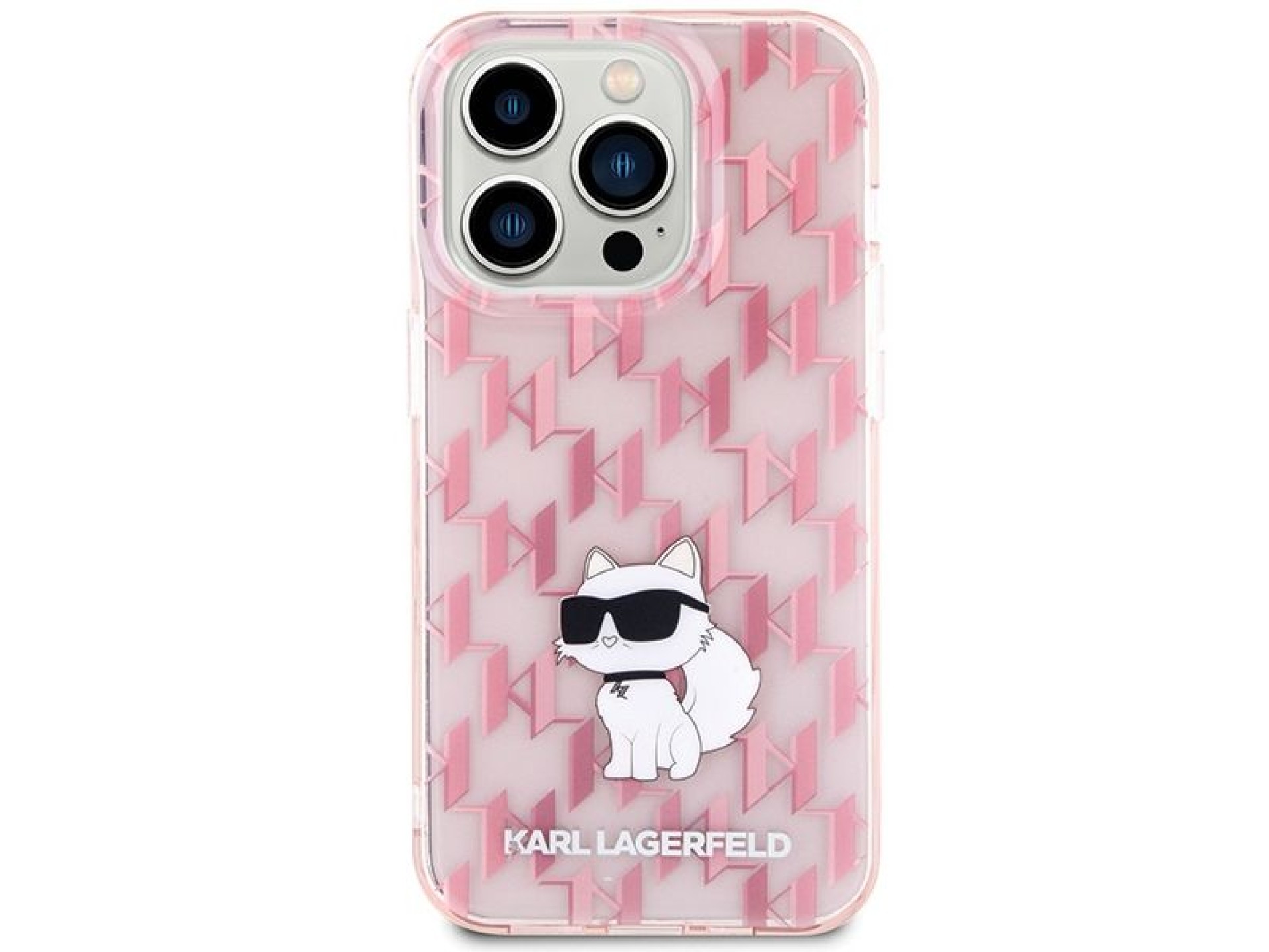 Funda para iPhone 15 Pro con monograma de Karl Lagerfeld (modelo Choupette) - Rosa