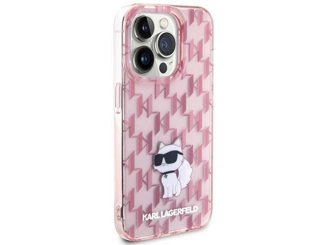 Funda para iPhone 15 Pro con monograma de Karl Lagerfeld (modelo Choupette) - Rosa