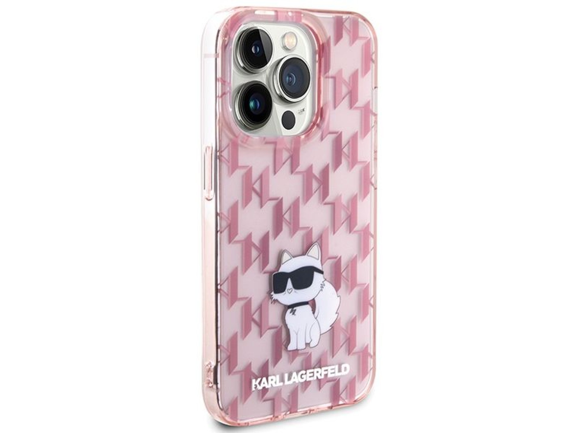 Funda para iPhone 15 Pro con monograma de Karl Lagerfeld (modelo Choupette) - Rosa