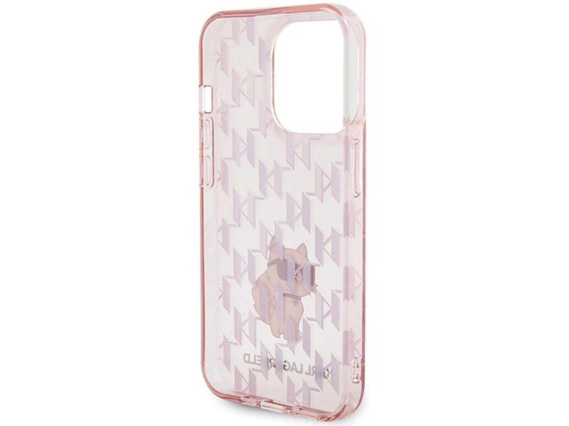 Funda para iPhone 15 Pro con monograma de Karl Lagerfeld (modelo Choupette) - Rosa