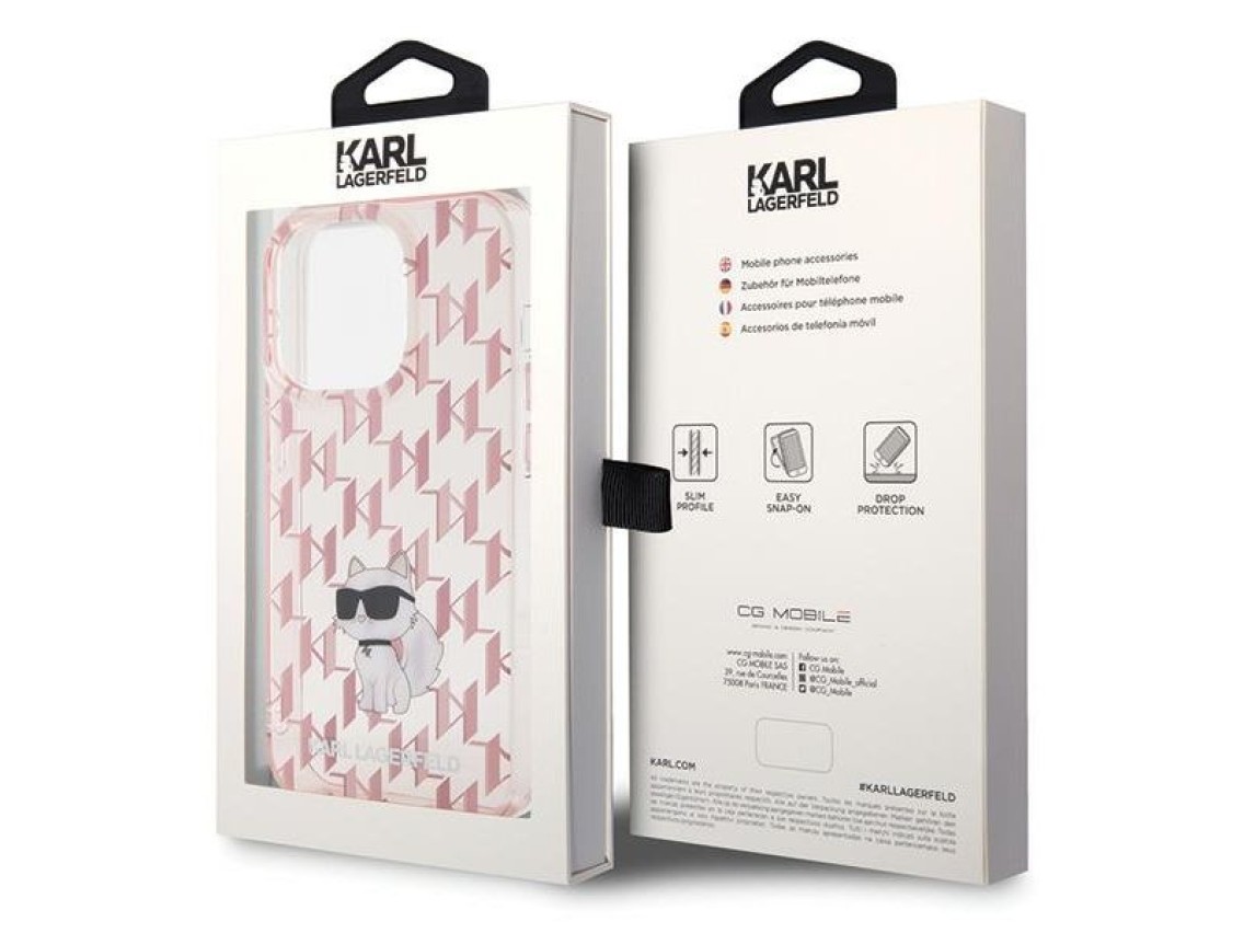 Funda para iPhone 15 Pro con monograma de Karl Lagerfeld (modelo Choupette) - Rosa
