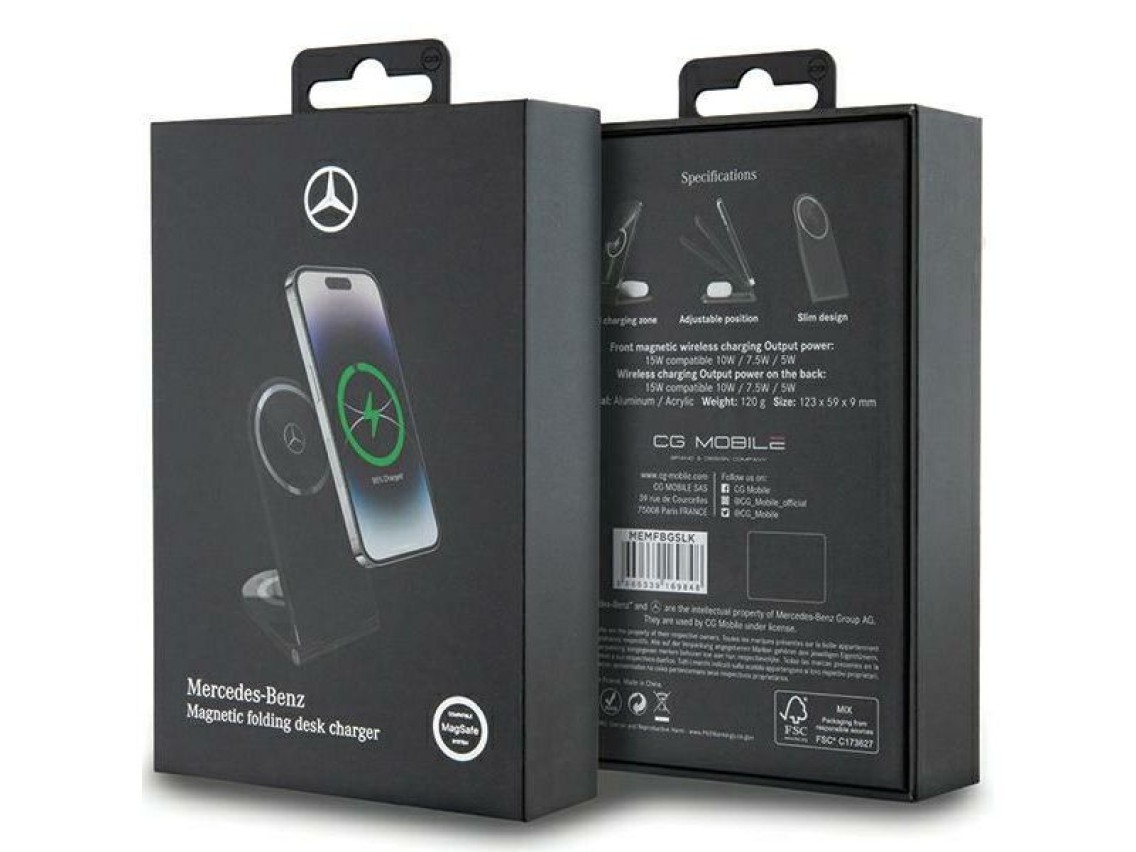 Mercedes Silver Stars MagSafe foldable 2in1 15W inductive charger - black