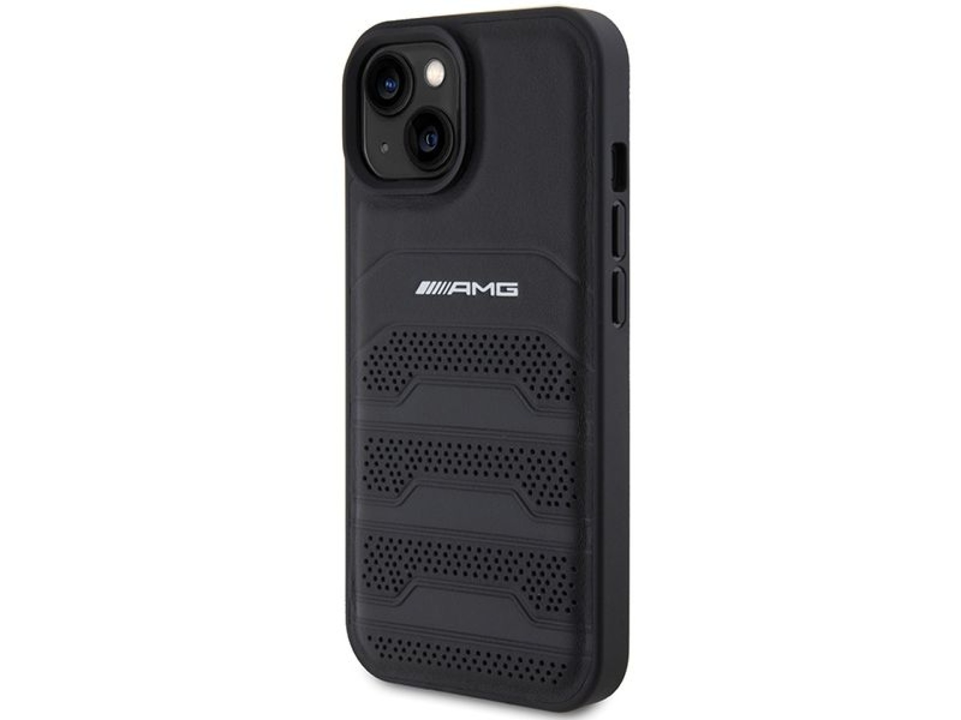 Capa AMG em couro com linhas em relevo para iPhone 15 Plus - preta