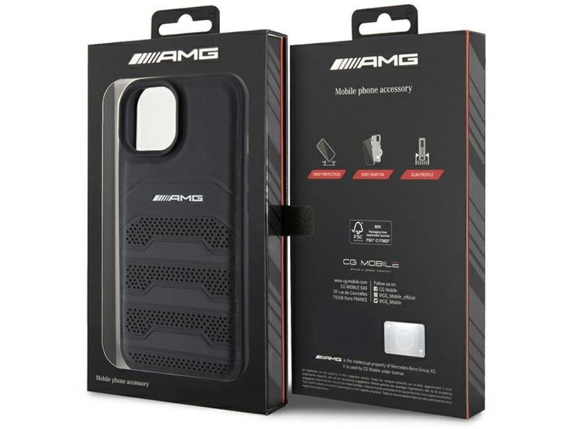 Capa AMG em couro com linhas em relevo para iPhone 15 Plus - preta