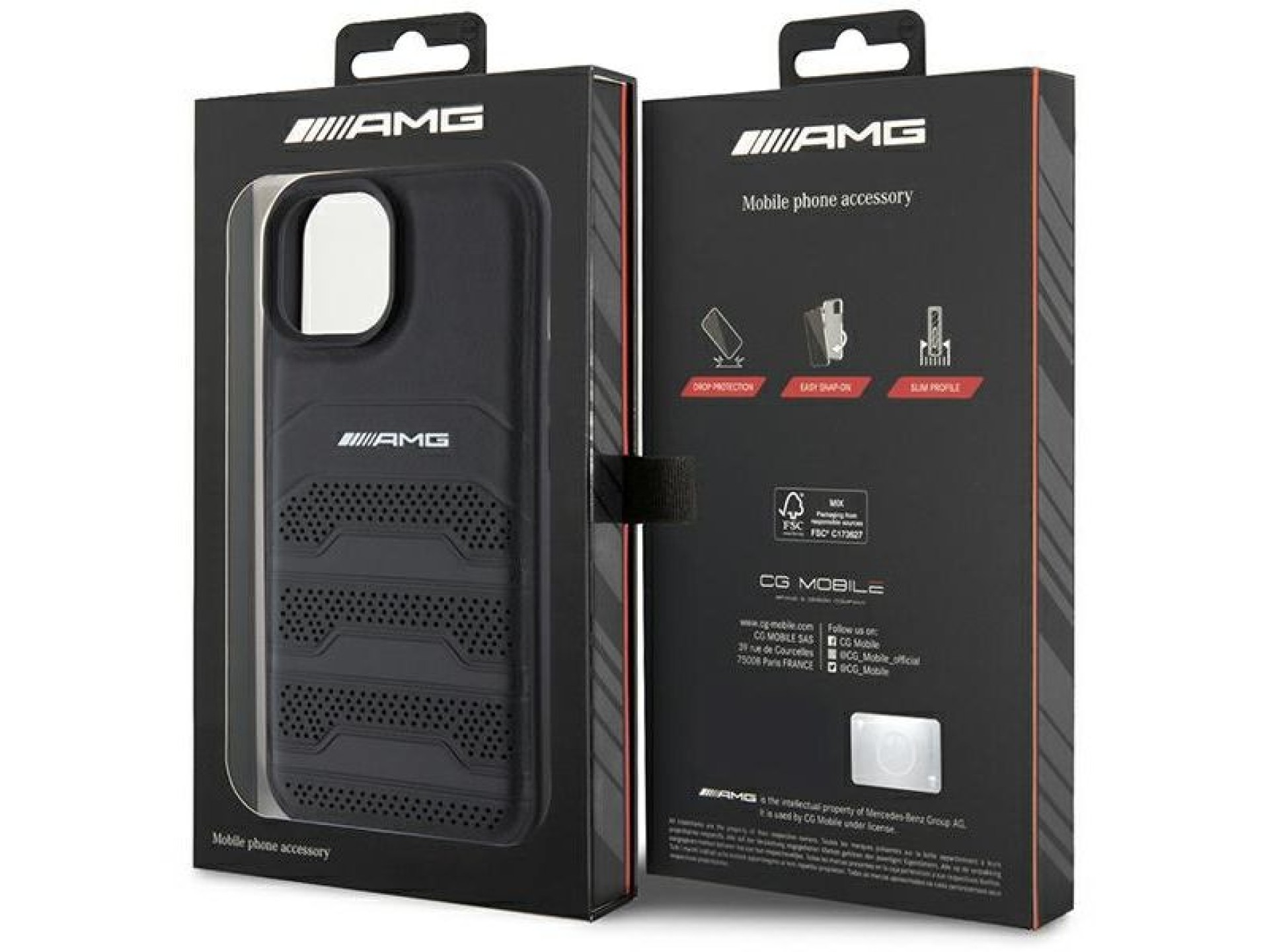 Capa AMG em couro com linhas em relevo para iPhone 15 Plus - preta