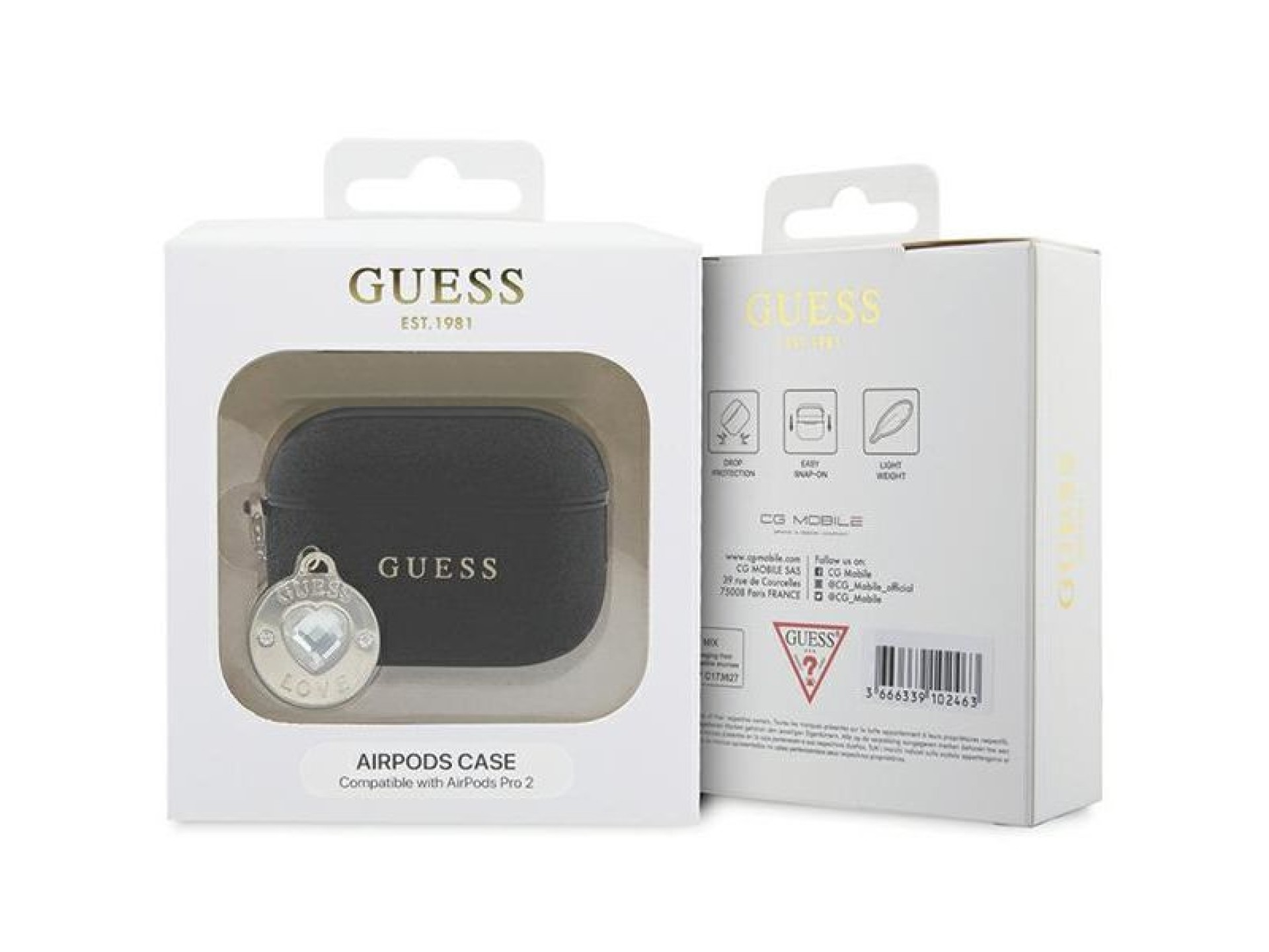Funda Guess GUAP2PGEHCDK para AirPods Pro 2 - negra con dije fijo de corazón brillante y diamante