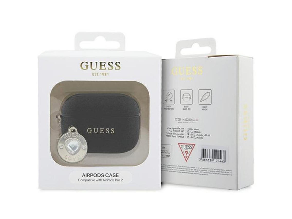 Funda Guess GUAP2PGEHCDK para AirPods Pro 2 - negra con dije fijo de corazón brillante y diamante