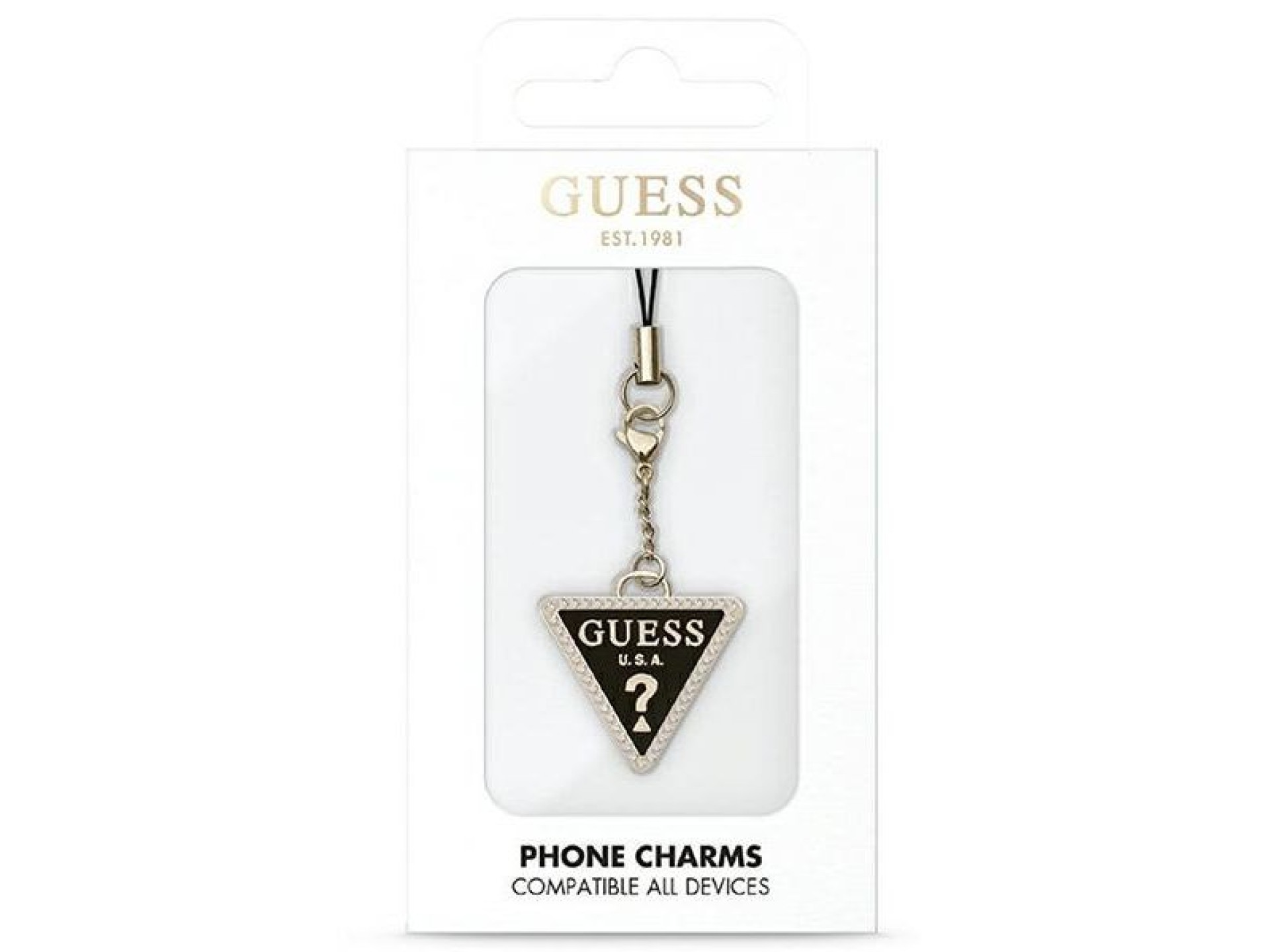 Pingente para capa de celular Guess GUCPMTDCK, pingente triangular com diamante e strass.