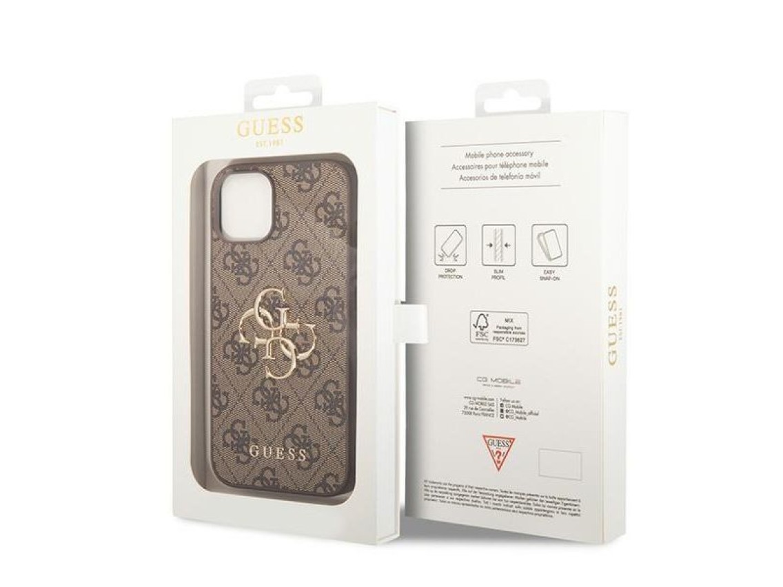 Capa r�gida marrom/marrom Guess GUHCP15S4GMGBR para iPhone 15 de 6,1 polegadas com logo grande em me