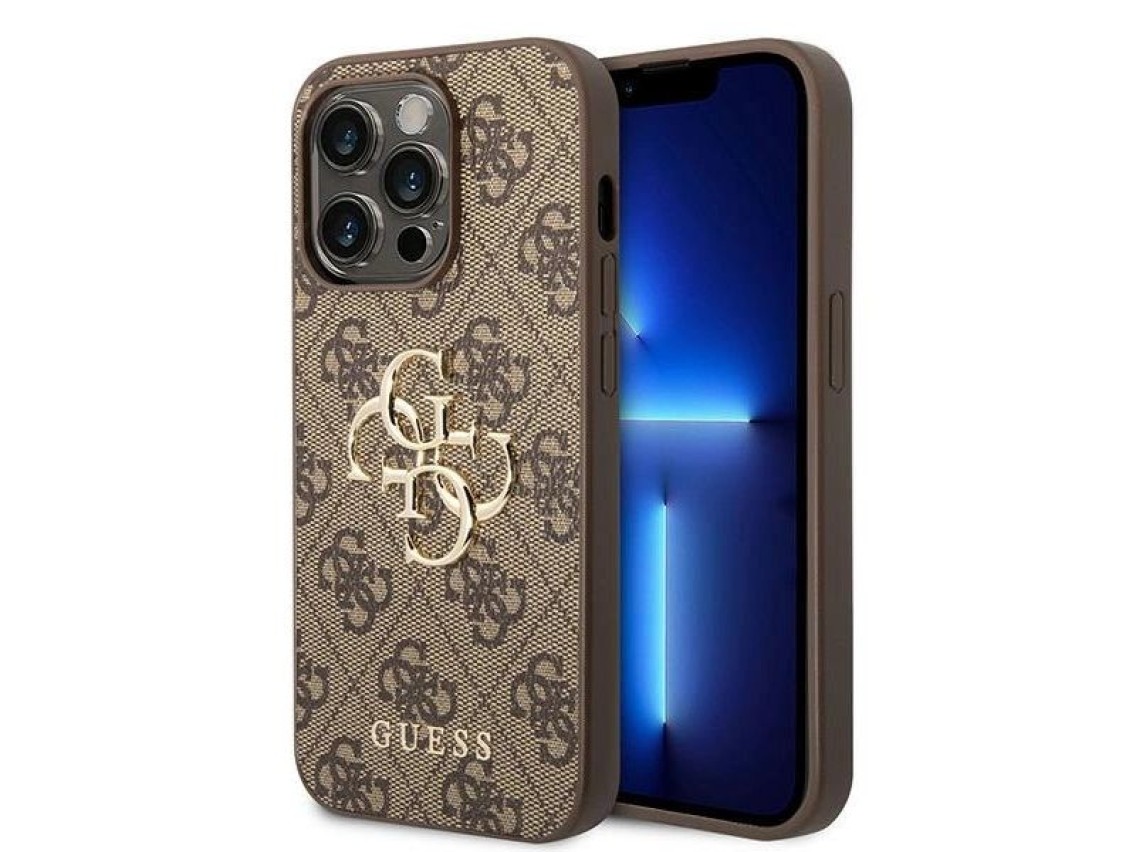 Capa rígida marrom/marrom Guess GUHCP15L4GMGBR para iPhone 15 Pro de 6,1" com logo grande em metal e