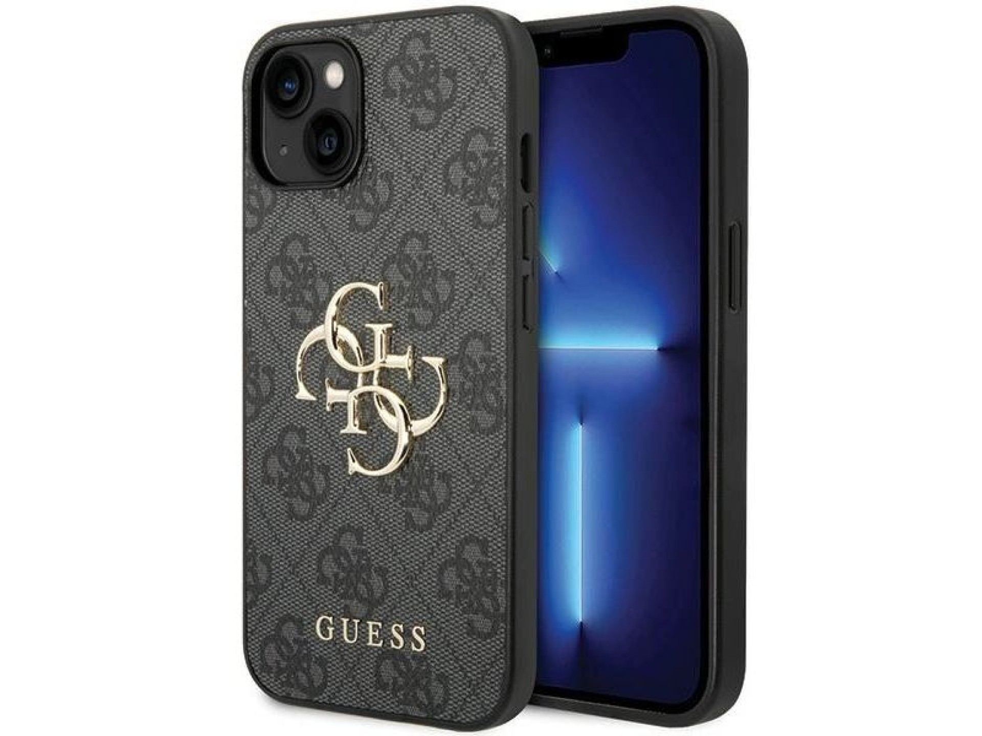 Funda Guess 4G con logo metálico grande para iPhone 15 - Gris