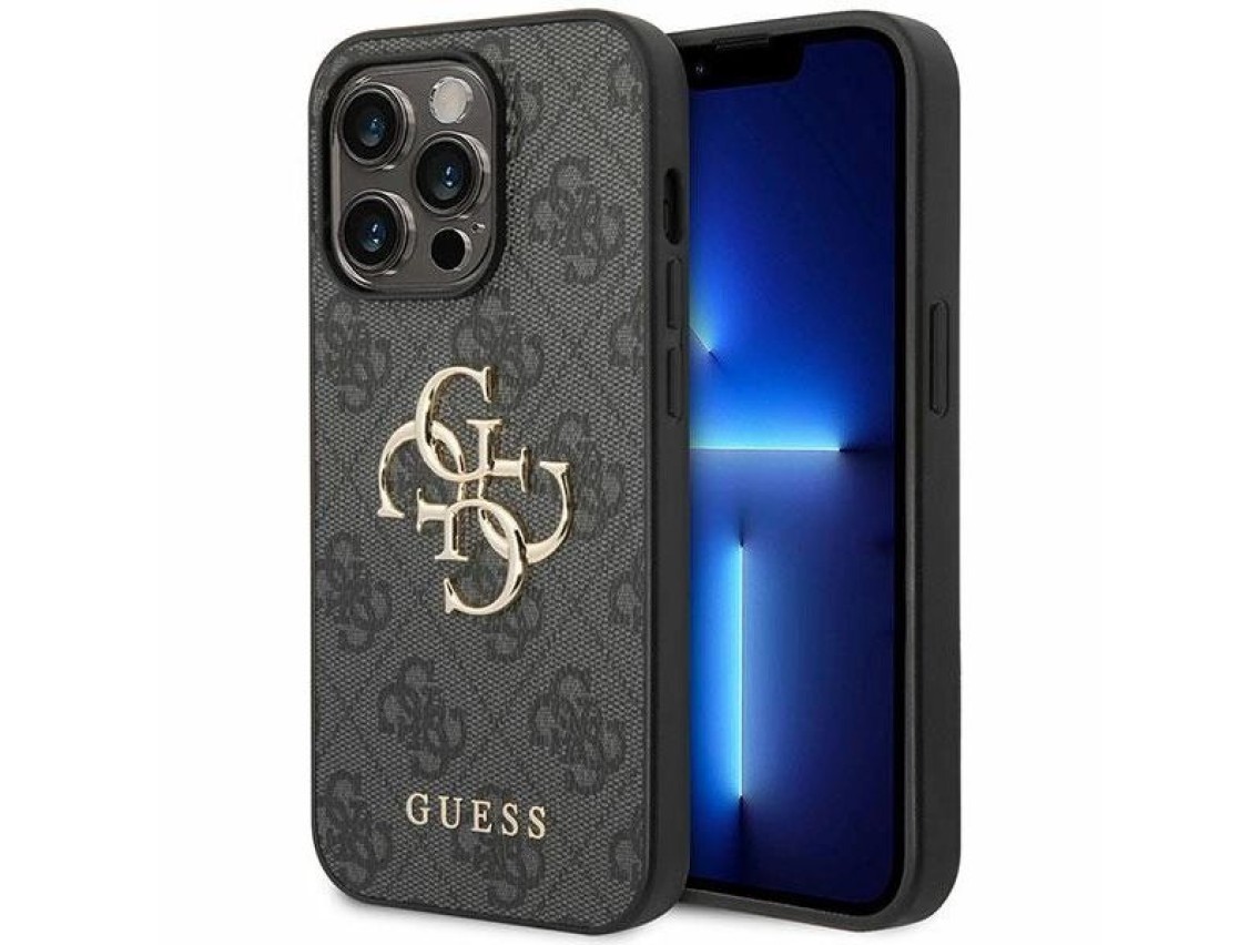 Funda Guess 4G con logo metálico grande para iPhone 15 Pro Max - gris