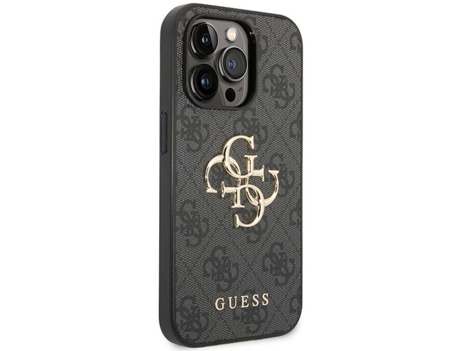 Funda Guess 4G con logo metálico grande para iPhone 15 Pro Max - gris