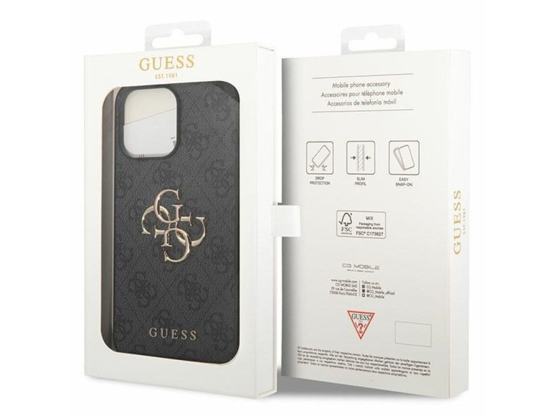 Funda Guess 4G con logo metálico grande para iPhone 15 Pro Max - gris