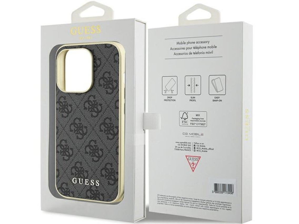 Guess GUHCP15LGF4GGR iPhone 15 Pro 6.1" capa rígida cinza/cinza Coleção 4G Charms