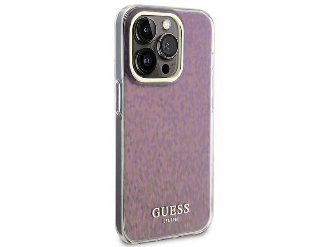 Capa rígida rosa/rosa Guess GUHCP15LHDECMP para iPhone 15 Pro 6.1" com espelho facetado e efeito iri