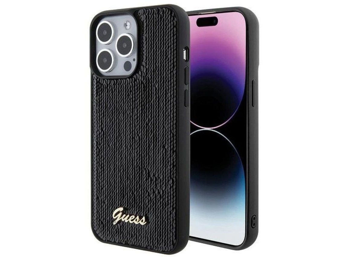 Capa met�lica Guess com lantejoulas e escrita para iPhone 15 Pro Max - preta