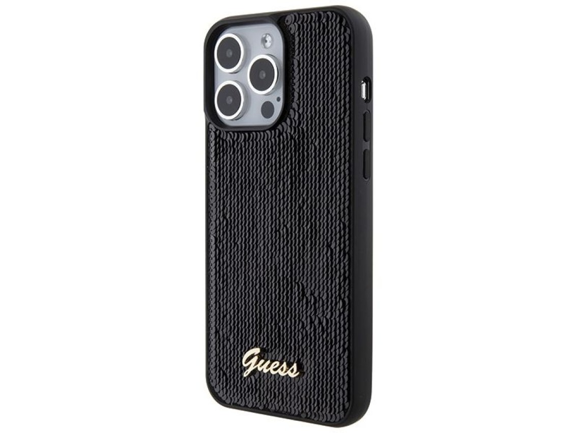 Capa met�lica Guess com lantejoulas e escrita para iPhone 15 Pro Max - preta