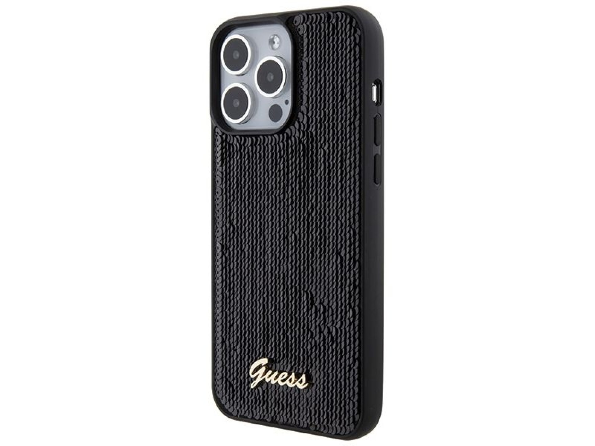 Capa metálica Guess com lantejoulas e escrita para iPhone 15 Pro Max - preta