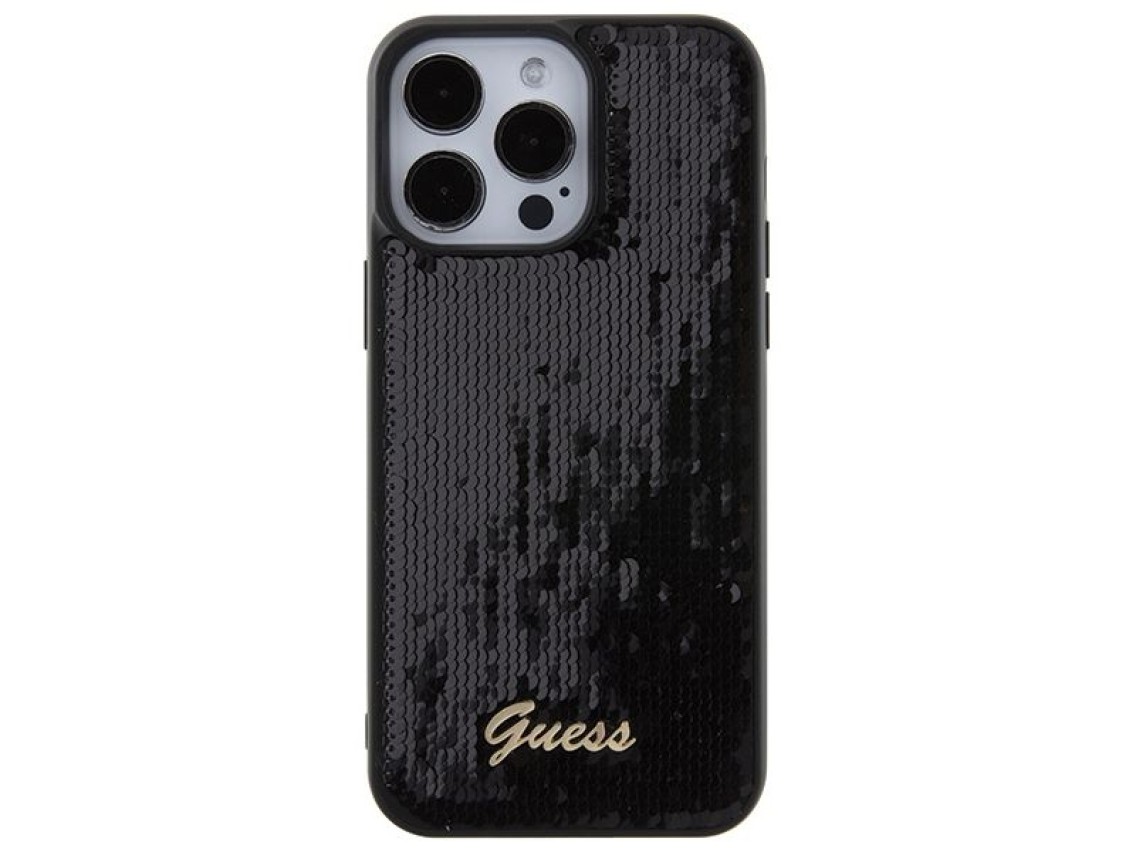 Capa met�lica Guess com lantejoulas e escrita para iPhone 15 Pro Max - preta