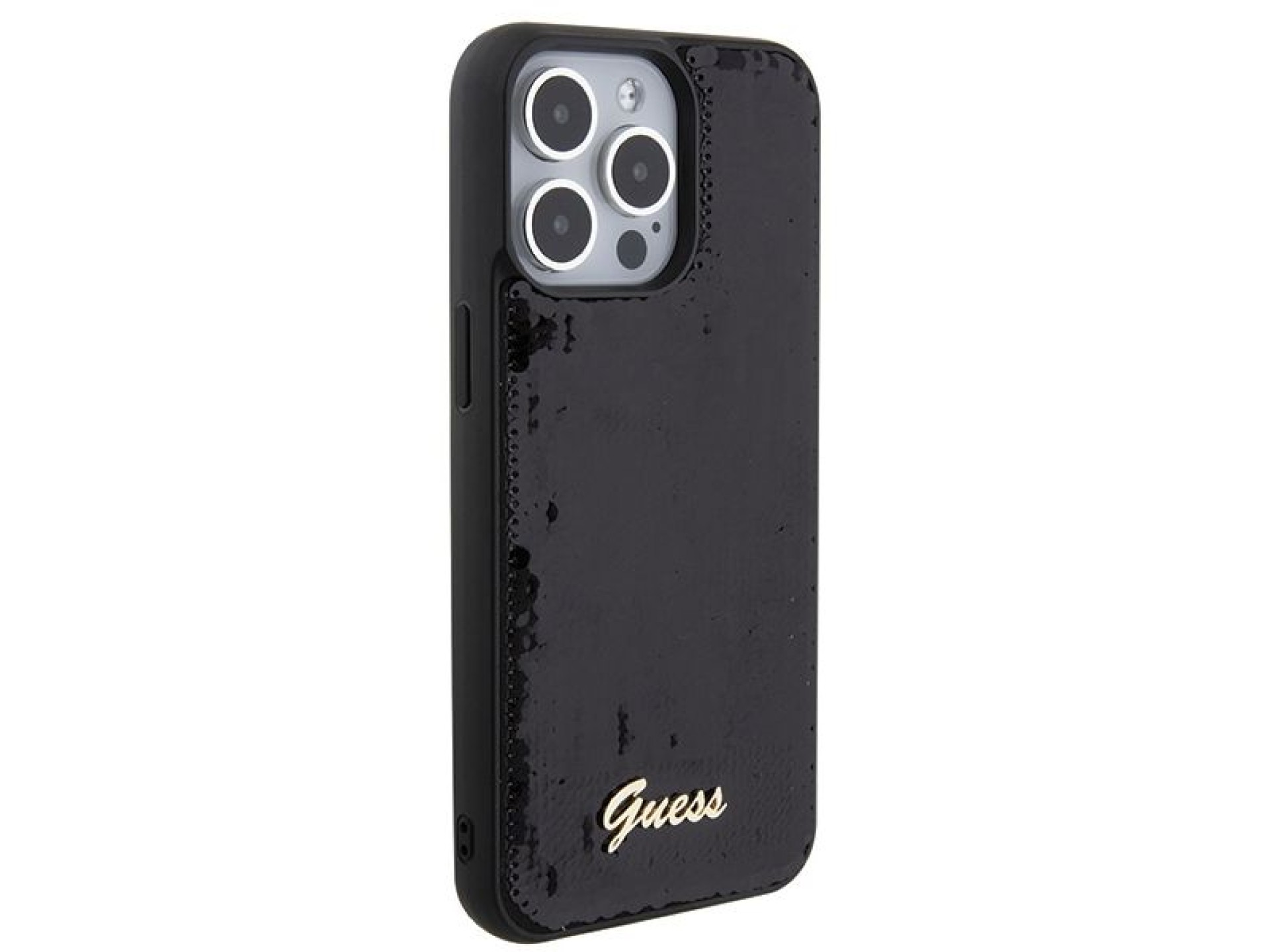 Capa metálica Guess com lantejoulas e escrita para iPhone 15 Pro Max - preta