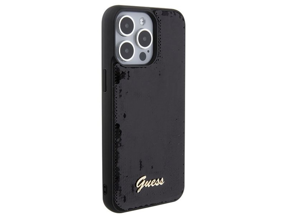 Capa met�lica Guess com lantejoulas e escrita para iPhone 15 Pro Max - preta