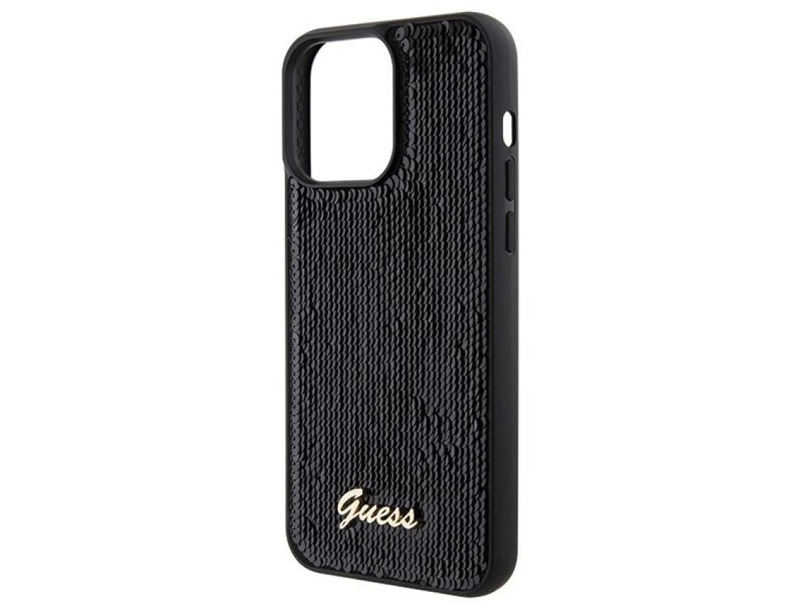 Capa met�lica Guess com lantejoulas e escrita para iPhone 15 Pro Max - preta
