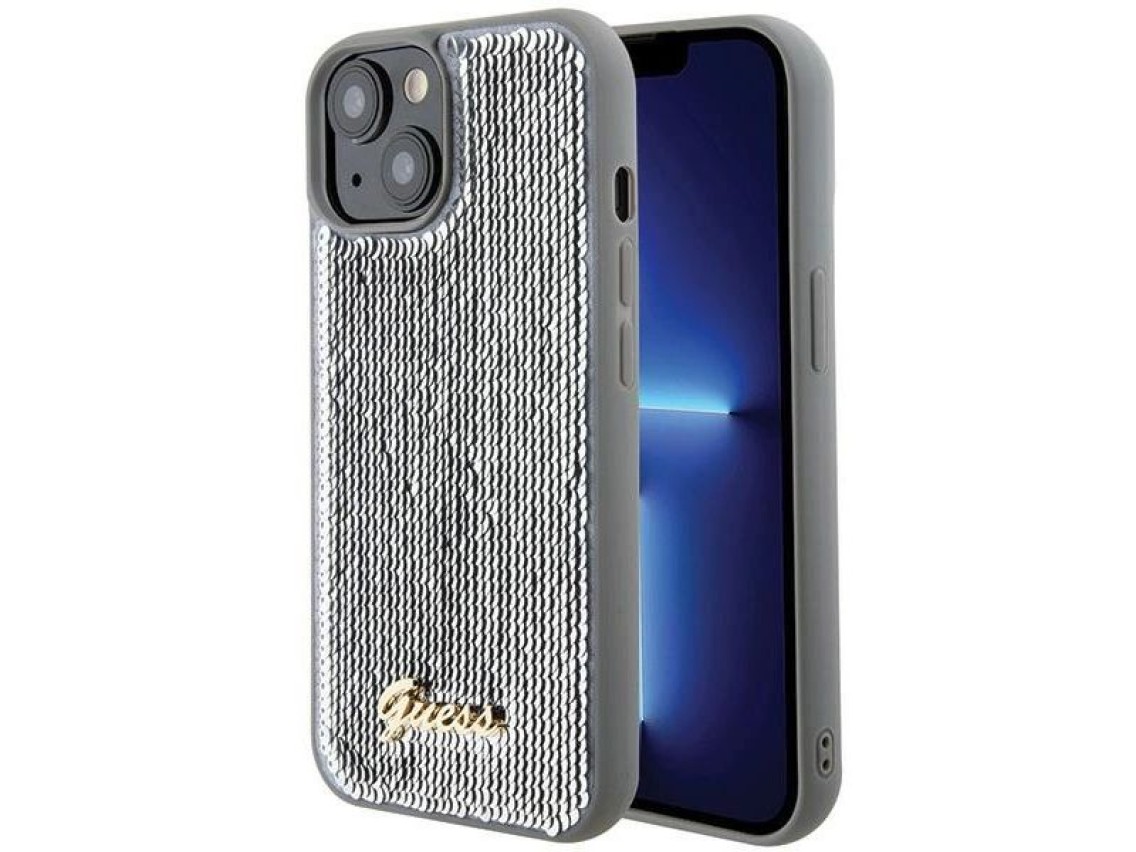 Funda metálica Guess Sequin Script para iPhone 15 - plateada