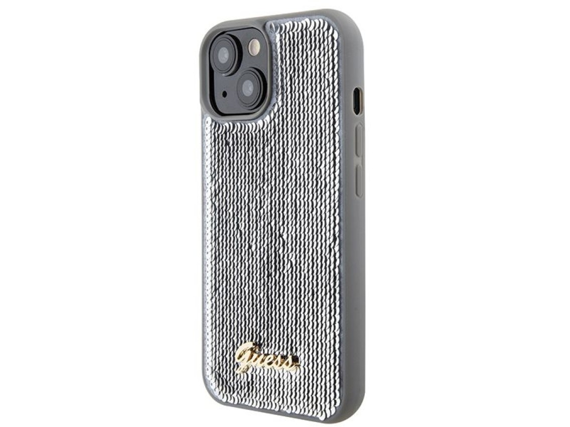 Funda metálica Guess Sequin Script para iPhone 15 - plateada