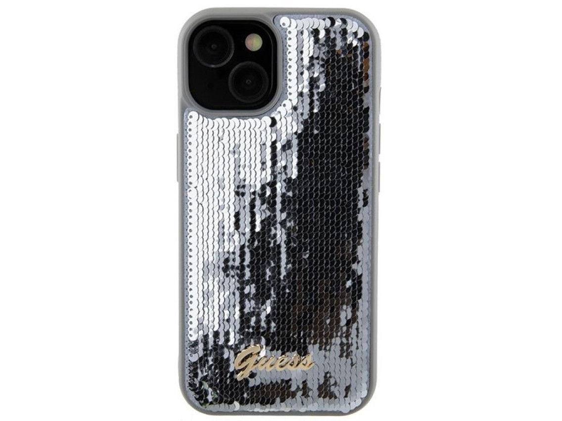 Funda metálica Guess Sequin Script para iPhone 15 - plateada