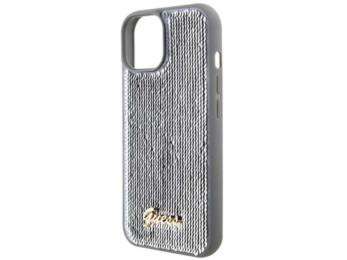 Funda metálica Guess Sequin Script para iPhone 15 - plateada