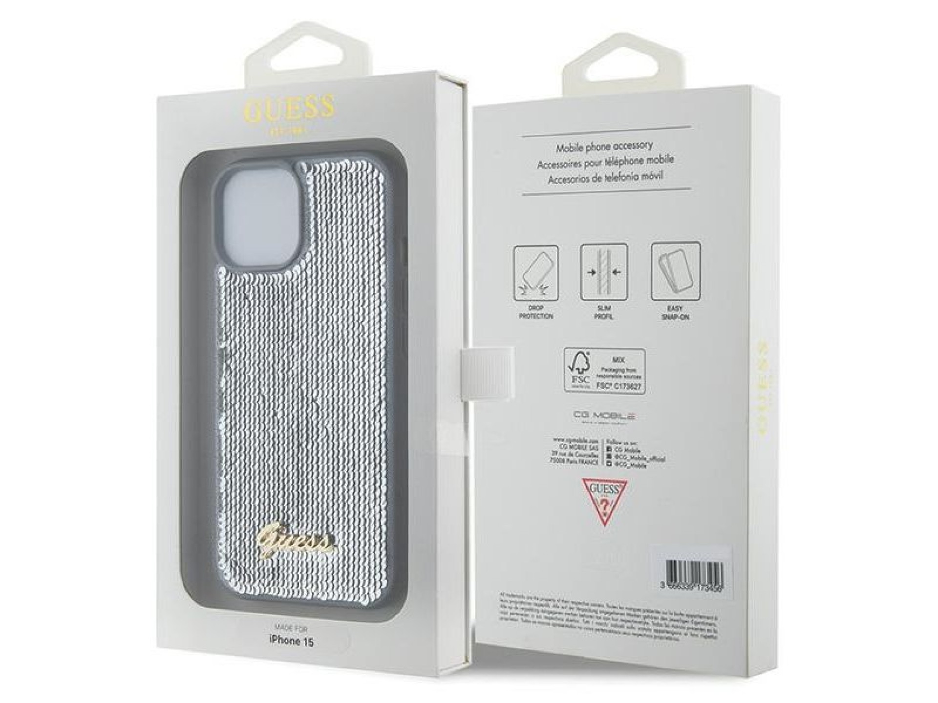 Funda metálica Guess Sequin Script para iPhone 15 - plateada
