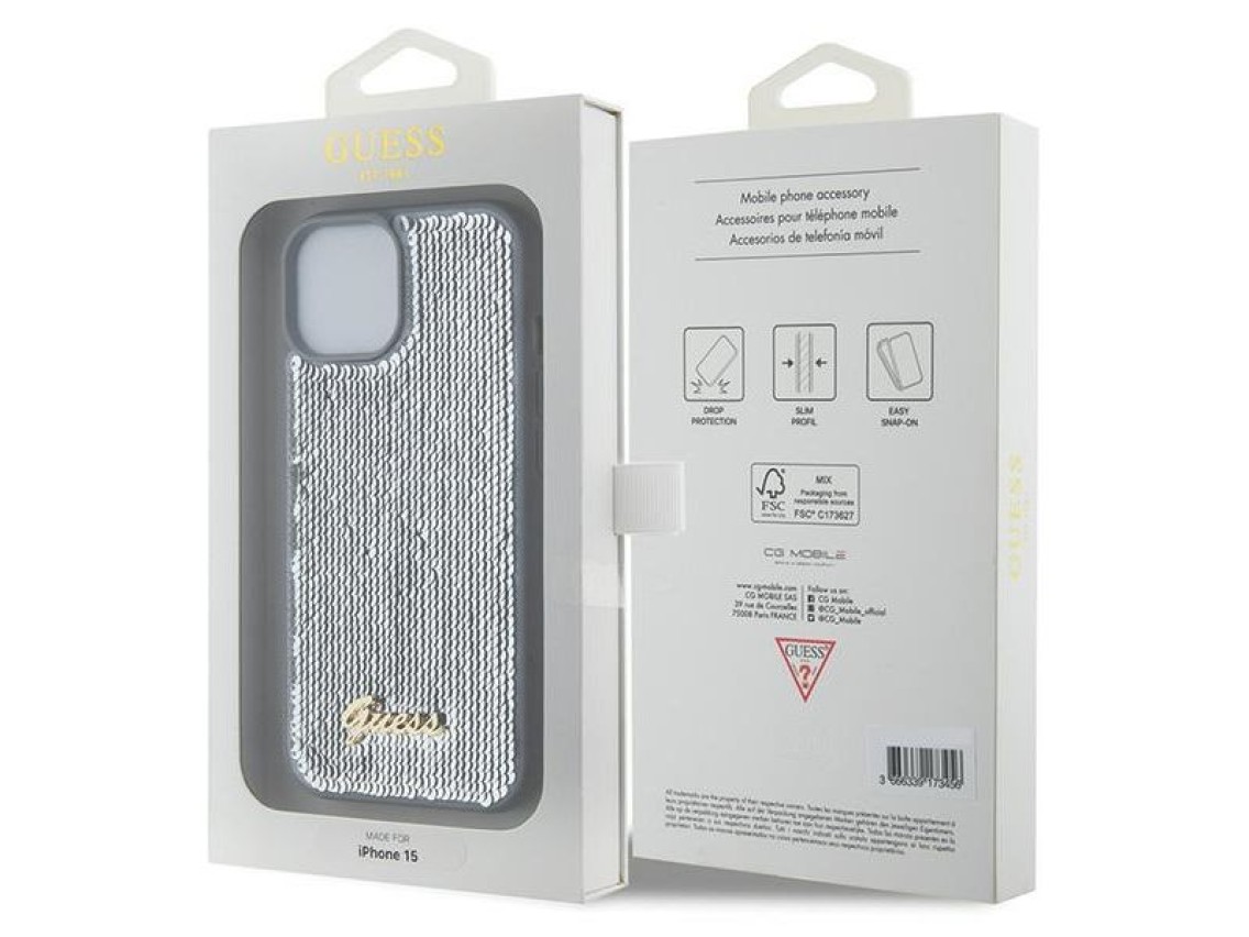 Funda metálica Guess Sequin Script para iPhone 15 - plateada