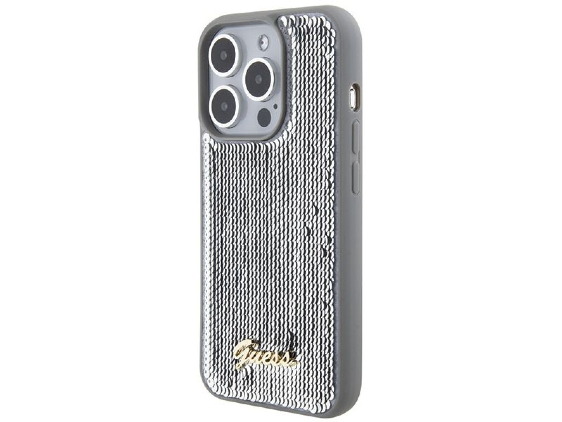 Capa metálica Guess com lantejoulas e escrita para iPhone 15 Pro - prata