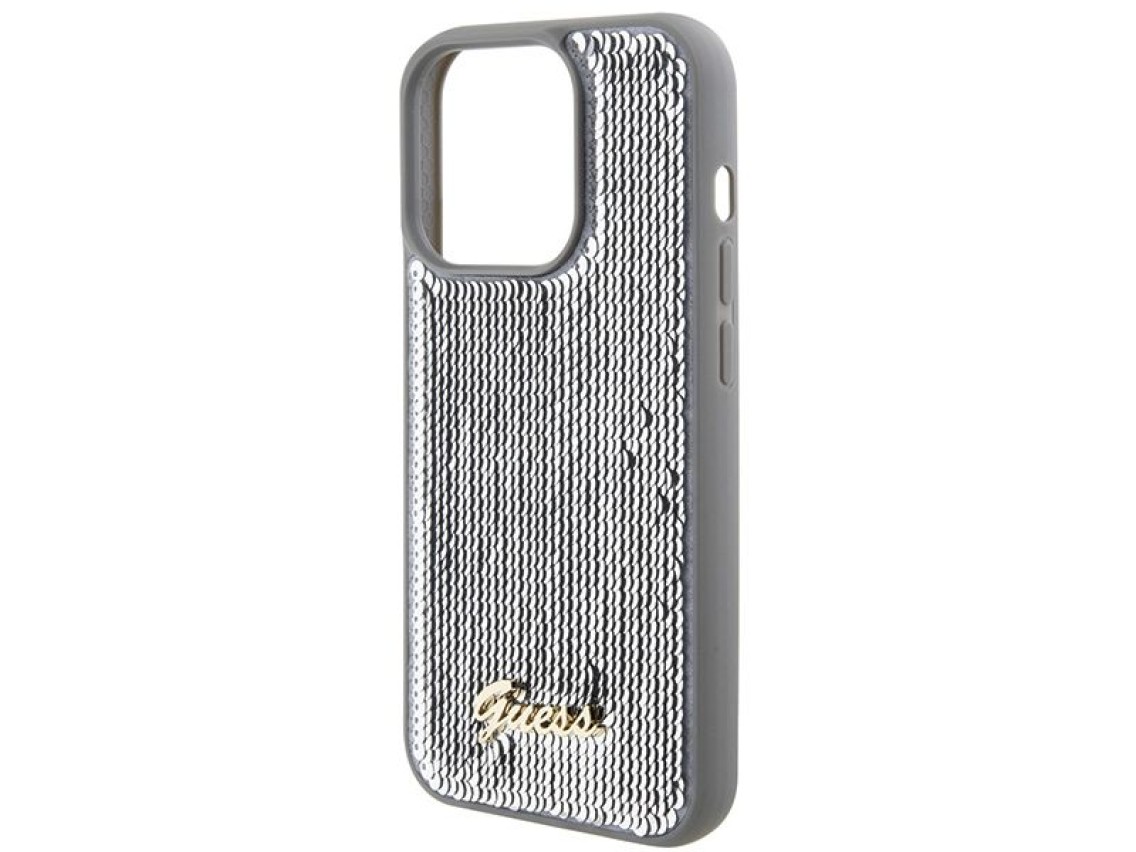 Capa met�lica Guess com lantejoulas e escrita para iPhone 15 Pro - prata