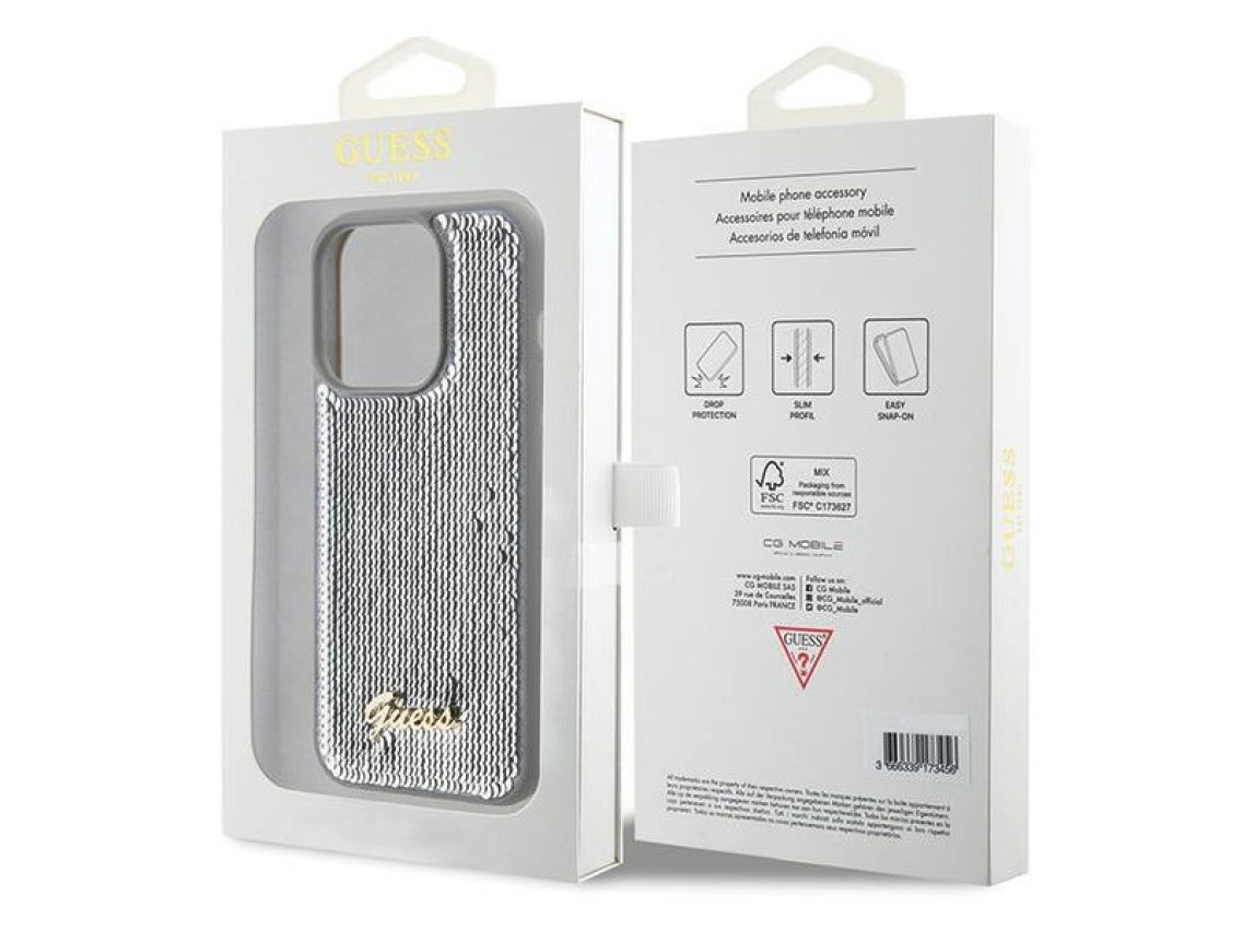 Guess Sequin Script Metal case for iPhone 15 Pro Max - silver