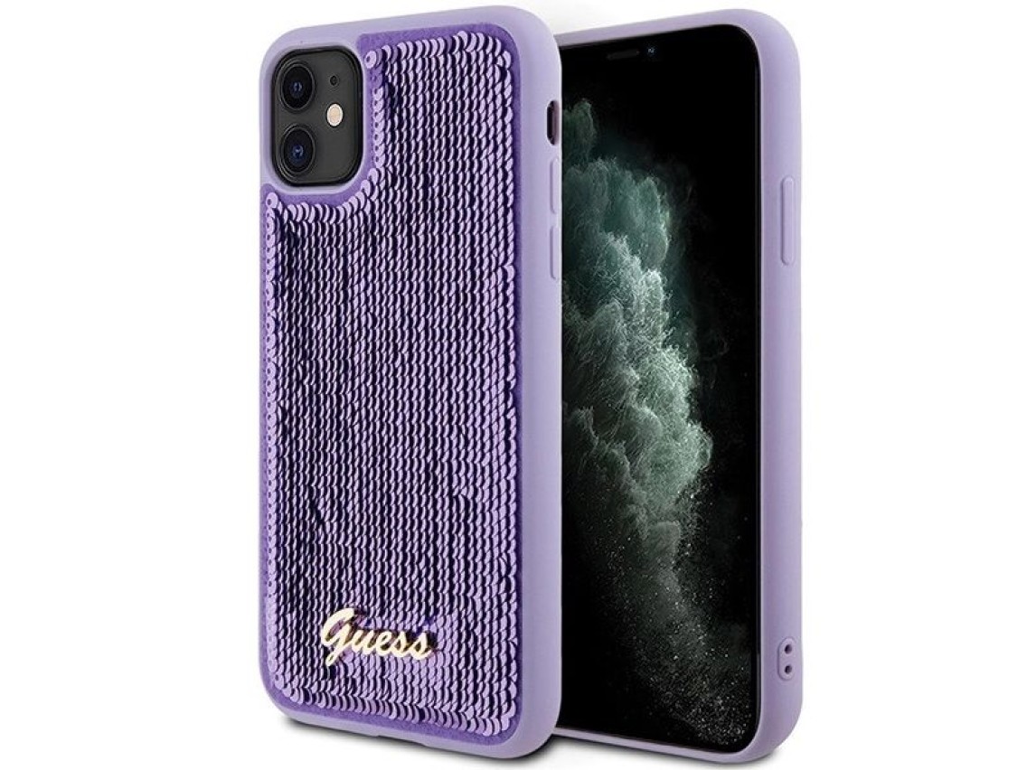 Capa metálica Guess com lantejoulas e escrita para iPhone 11/Xr - roxa